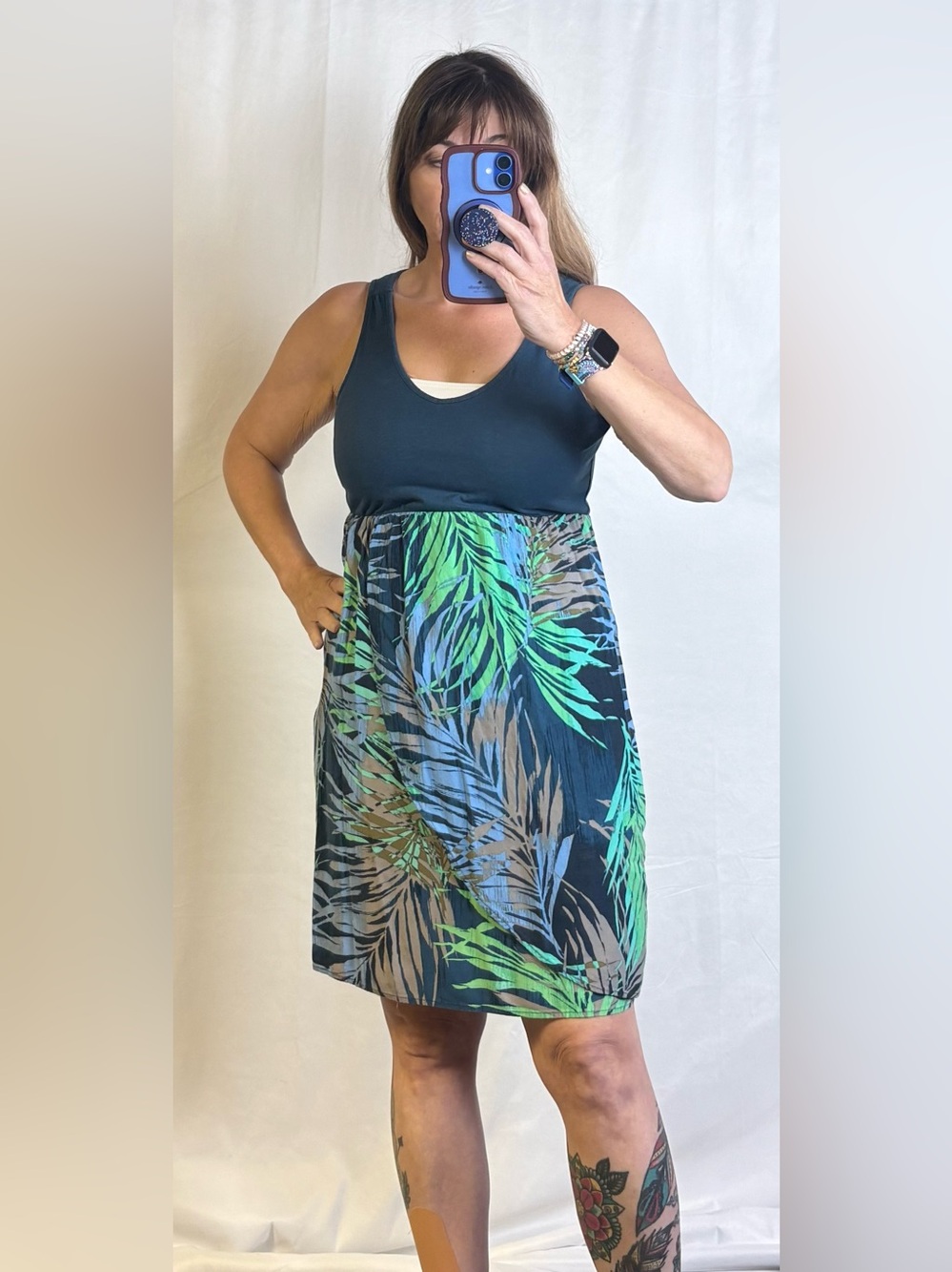Tank Top Coverup Dress in Black with Green Leaf Print